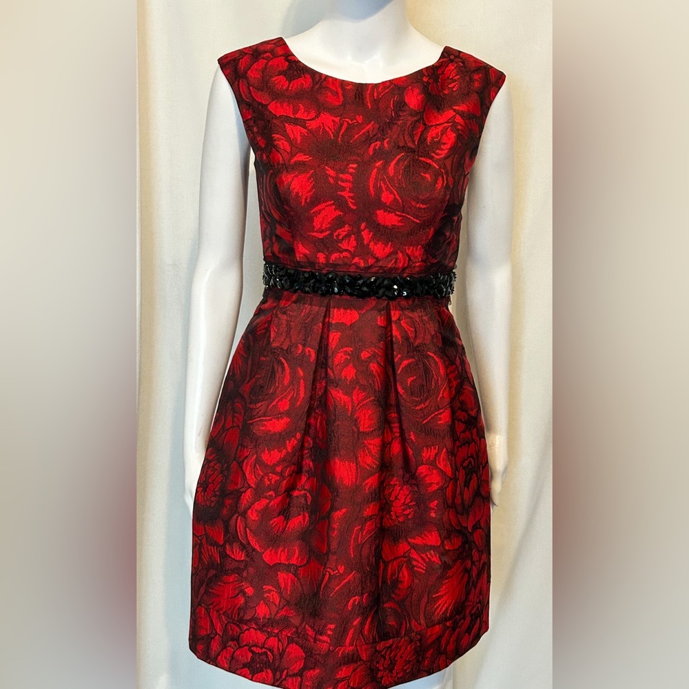 Eliza J 2P Red Rose Jacquard Floral Cocktail Dress Romantic Whimsigoth Holiday